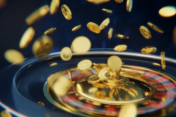 A glowing roulette wheel with cascading chips, symbolizing the engaging live and instant-win games available on DEAWUN.
